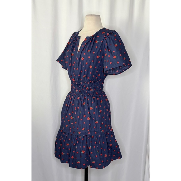 ANTHROPOLOGIE Strawberry Print Smocked Somerset Mini Dress Navy Blue Red Small - Picture 6 of 14
